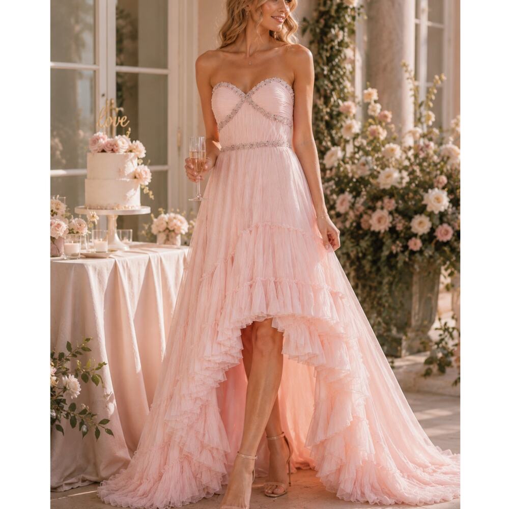 Mac Duggal Ice Pink Sweetheart Strapless High Low Beaded Chiffon Gown size 12